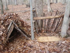 Two primitive shelters in the woods